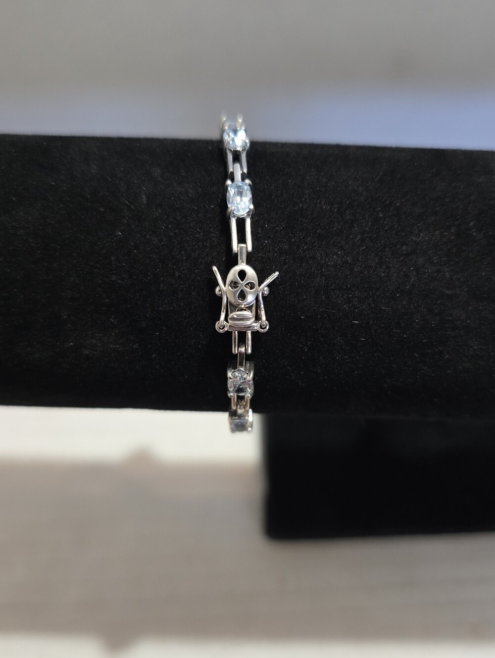 Fancy Link Sterling Silver and Light Blue Aquamarine Tennis Bracelet 7.25 Inch